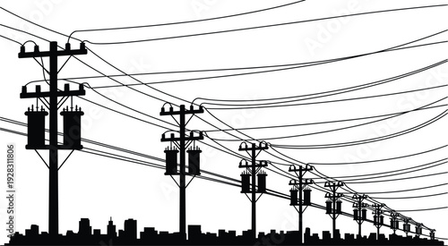Silhouette of multiple electrical utility poles with transformers and overhead power lines above city skyline, urban electricity distribution network vector illustration isolated on white background.