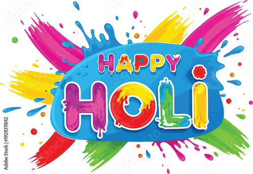 Vibrant Holi Celebration with Colorful Paint Splatters and Festive Greeting Card Illustration