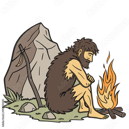Caveman sitting by campfire with club and rock person