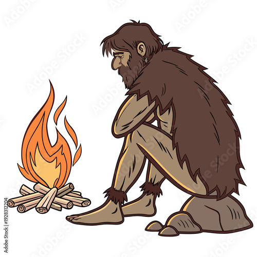 Caveman sitting by campfire with fur loincloth ancient
