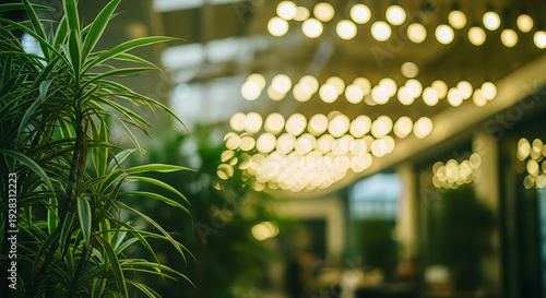 Blurry indoor scene with lush greenery and warm lighting