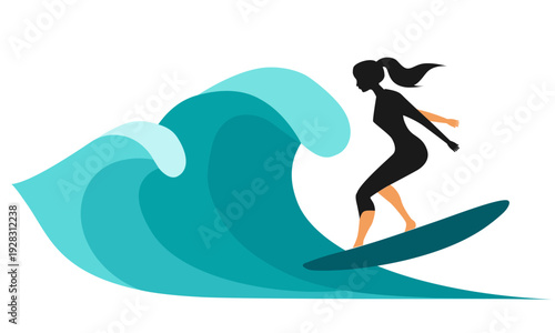  A girl rides a large wave on a surfboard.