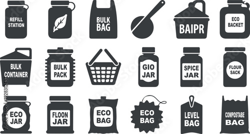 Set of dark gray silhouette icons for bulk and eco-friendly packaging vector