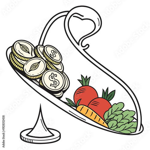 Cartoon vegetable and money on scale coins dollars