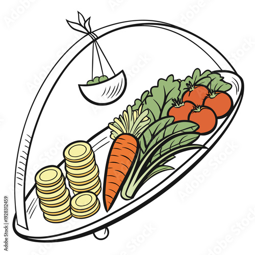 Of a plate with vegetables and coins carrot tomatoes