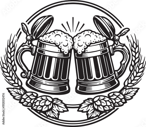 Two clinking beer steins with foam, vintage black and white vector emblem with hops and wheat wreath