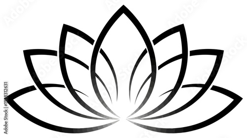 Symbolic lotus flower outline illustration in black and white, representing purity, enlightenment, and spiritual growth, perfect for yoga studios, meditation centers, and wellness brands