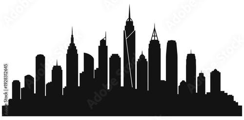 Vector silhouette of a majestic urban cityscape featuring a collection of diverse towering skyscrapers, encapsulating the dynamic energy and architectural splendor of a modern metropolis