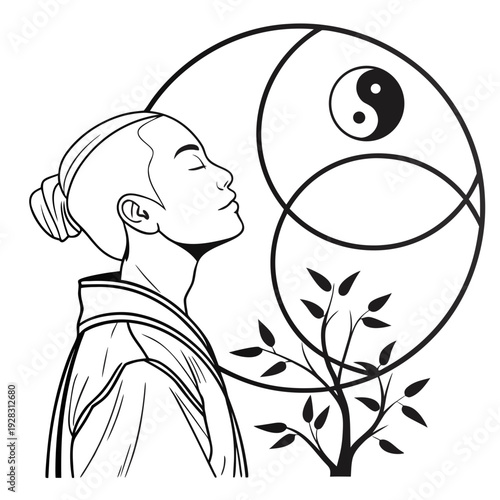 Black and white of woman meditating next to yin yang symbol and tree