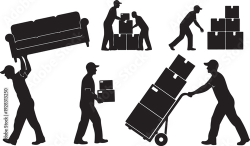 A group of workers moving and assembling furniture in a room