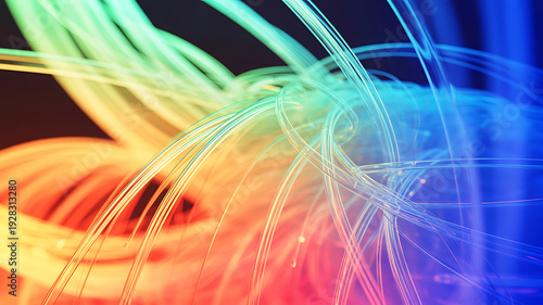 Detailed close up of glowing fiber optic strands weaving together in colorful artistic pattern representing neural networks and high capacity data transfer systems for modern computing technology