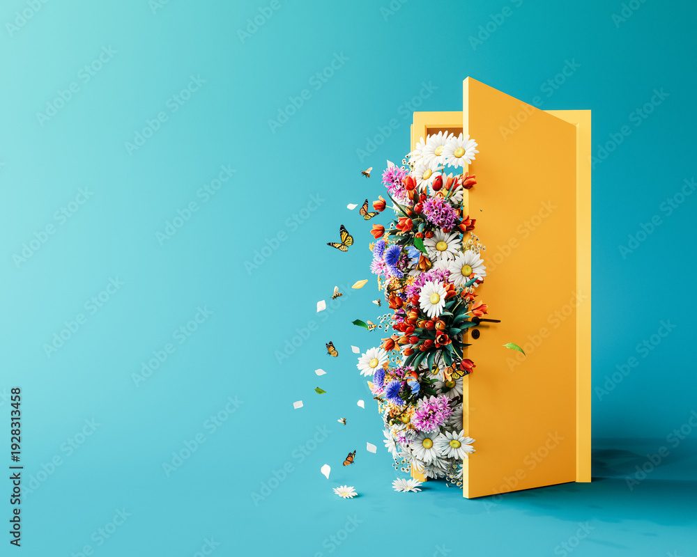 Obraz premium Spring is here. Colorful spring flowers entering through the door on blue background with copy space. 3D Rendering, 3D Illustration