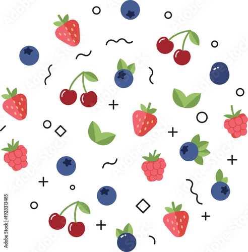Seamless pattern with strawberry, blueberry, raspberry and cherry in flat vector illustration for summer textile, organic food packaging and wrapping paper design.