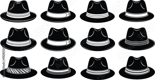 Set of black fedora hat icons featuring various ribbon styles and brim shapes isolated on white background for vintage fashion and gentleman apparel design