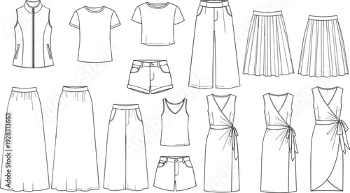 Women fashion technical sketch set including wrap dresses pleated skirts wide leg pants t-shirts vest and denim shorts isolated on white background flat sketches