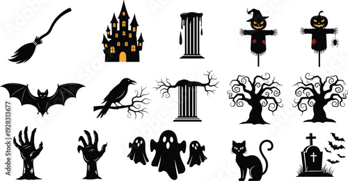 Set of Halloween flat black silhouette icons featuring spooky haunted castle ghosts bats black cat zombie hands witch broom and creepy trees on white background
