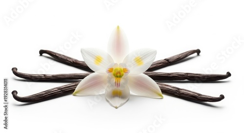 Vanilla beans and flower on white background