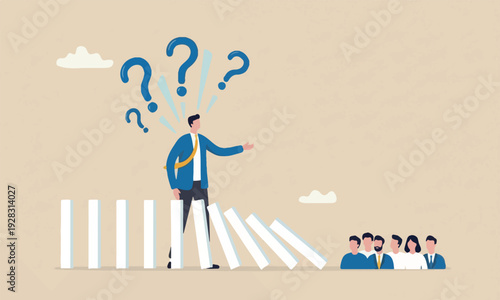 Reliability, trustworthy protect or solve problem, trust or work responsible, supported partner concept, reliable businessman leader protect domino from collapse on colleagues.