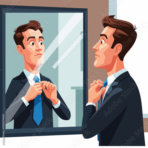 Man Adjusting Tie in Mirror.