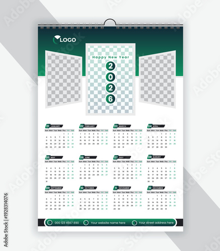 A modern green wall calendar for the year 2026, featuring placeholders for photos.