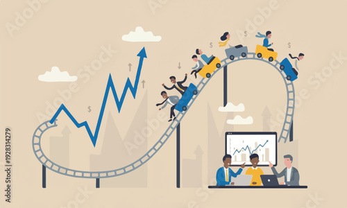 Investment,Investment down concept, people investors riding roller coaster fluctuated market chart