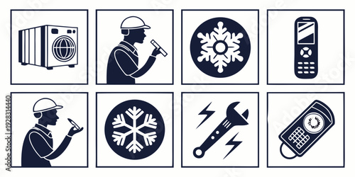 A collection of icons representing various industrial and mechanical tools and equipment Vector