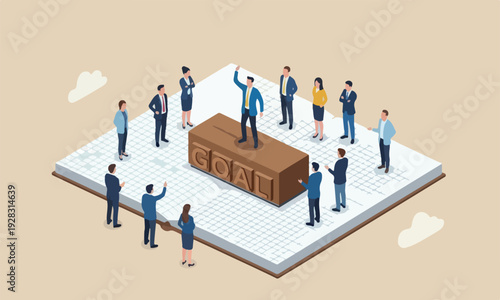businessman together wooden stamp with alphabet building the word GOAL on graph paper notebook with other people admiring