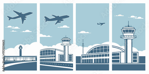 Aerial view of an airport with planes taking off and landing. Vector