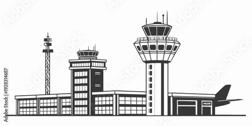 Modern airport terminal with control tower and aircraft in the background. Vector