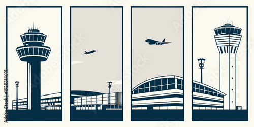 A collection of airport-themed illustrations showcasing various elements of air travel Vector