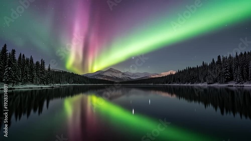Stunning display of the Northern Lights over a tranquil lake surrounded by snow-covered mountains