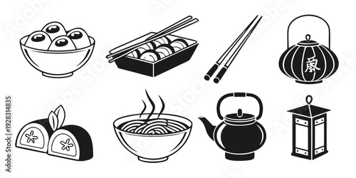 A variety of traditional asian dishes and utensils Vector