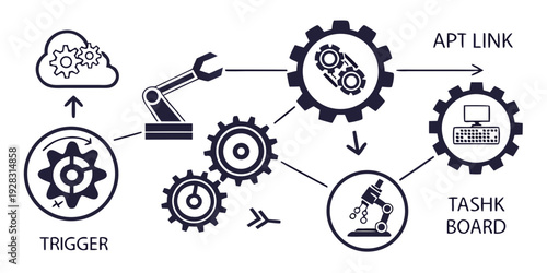 Illustration of interconnected gears representing various api functions and tasks Vector