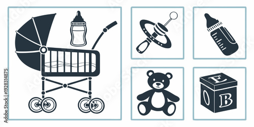 A collection of various baby and toddler items, including toys and accessories. Vector