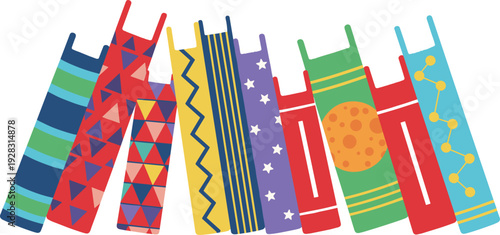 Vibrant stack of nine uniquely patterned books with dynamic spines, symbolizing diversity in literature, creativity, genres, and educational themes.