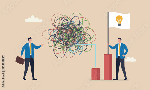 Proactive, chaos order flag on red pillars theory or simplify idea to solve difficulty problems concept, businessmen discussing work using creativity solving messy line into light bulb idea