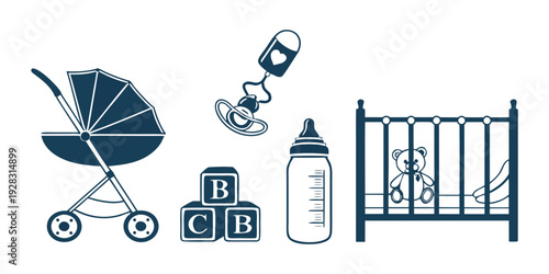 A collection of baby items including a stroller, baby bottle, and crib Vector