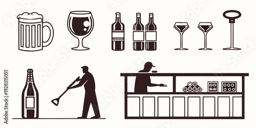 A variety of alcoholic beverages and bar tools arranged on a counter. Vector