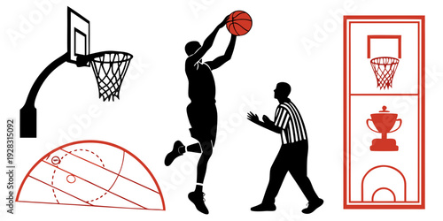 Basketball game with players, referee, and basketball court equipment Vector