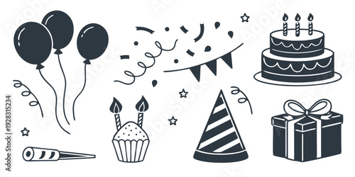 A delightful assortment of birthday party decorations and confetti. Vector