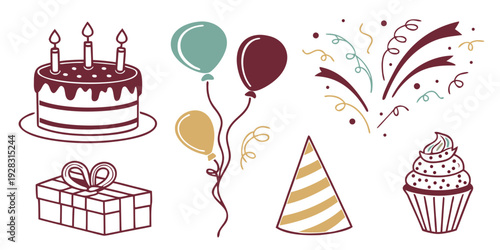 Assorted colorful birthday party decorations and desserts on a white background Vector
