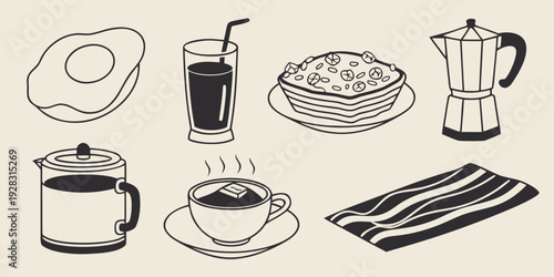 A delightful assortment of breakfast items including coffee and toast. Vector