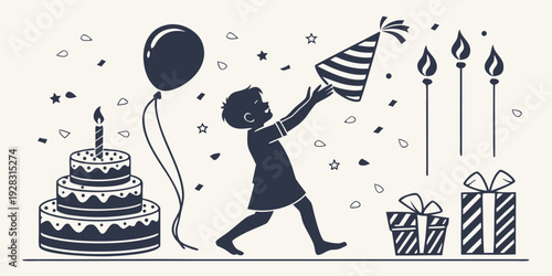 A child blowing out candles on a birthday cake with a balloon nearby. Vector