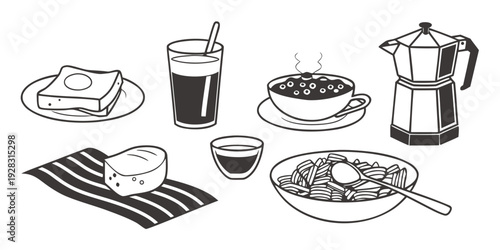 A delightful breakfast spread featuring coffee, tea, and various food items. Vector