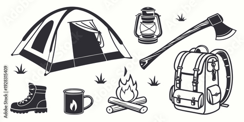 A collection of camping and outdoor adventure equipment and activities Vector