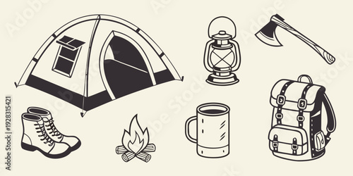 Illustration of camping gear including a tent, shoes, hatchet, and more. Vector