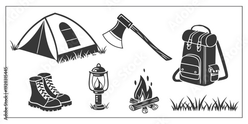 A collection of camping gear including a tent, boots, and cooking equipment. Vector