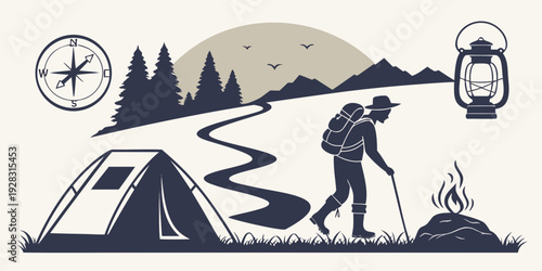 A hiker prepares to embark on a journey through a scenic mountain landscape. Vector