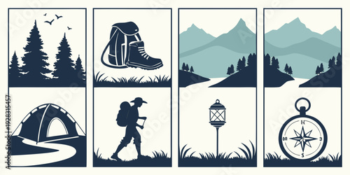 Adventurous journey through nature with hiking, camping, and scenic landscapes Vector