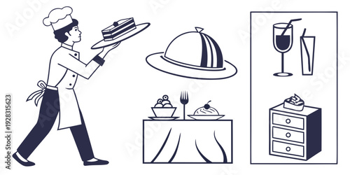 A chef holding a tray of food with various kitchen items around him Vector